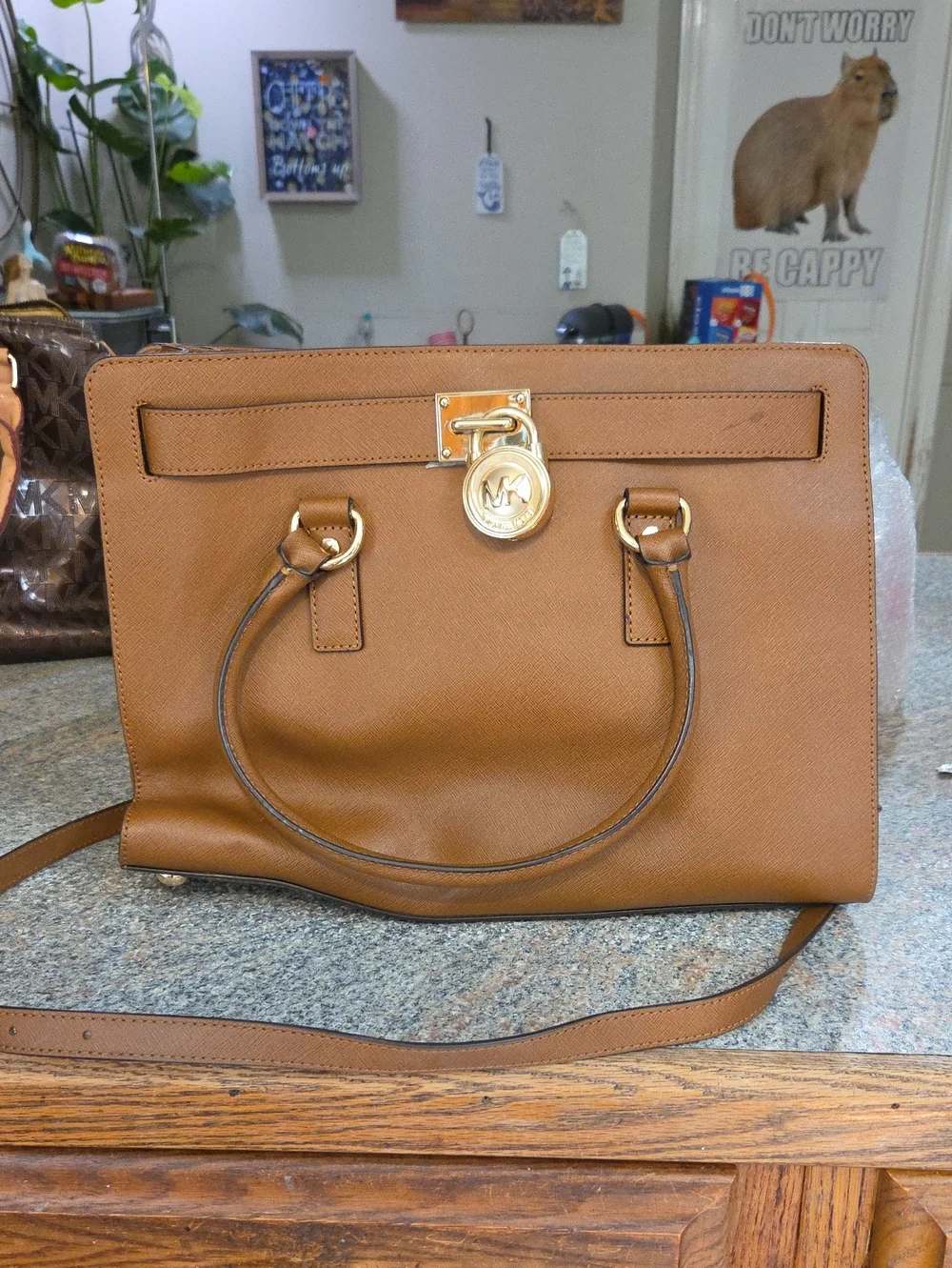 Michael Kors Brown Leather Satchel with Gold Tone Hardware